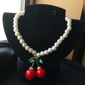 Vintage inspired cherry pearl necklace